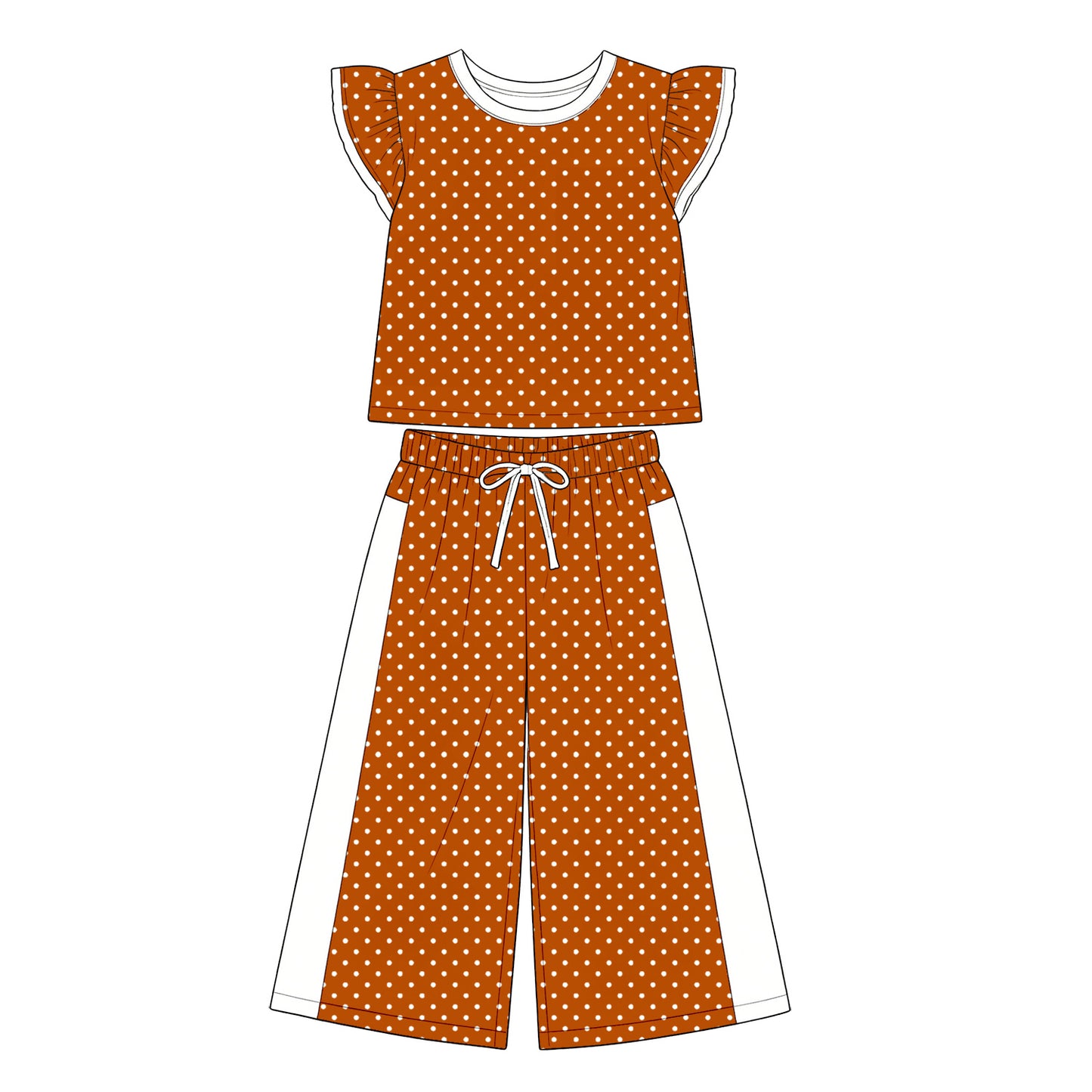 (Preorder new) No moq GSPO2362 Baby Girls Orange White Polka Dot Flutter Cap Sleeve Crew Neck Top Matching Flare Bell Bottom Pants Summer Casual Clothes Set