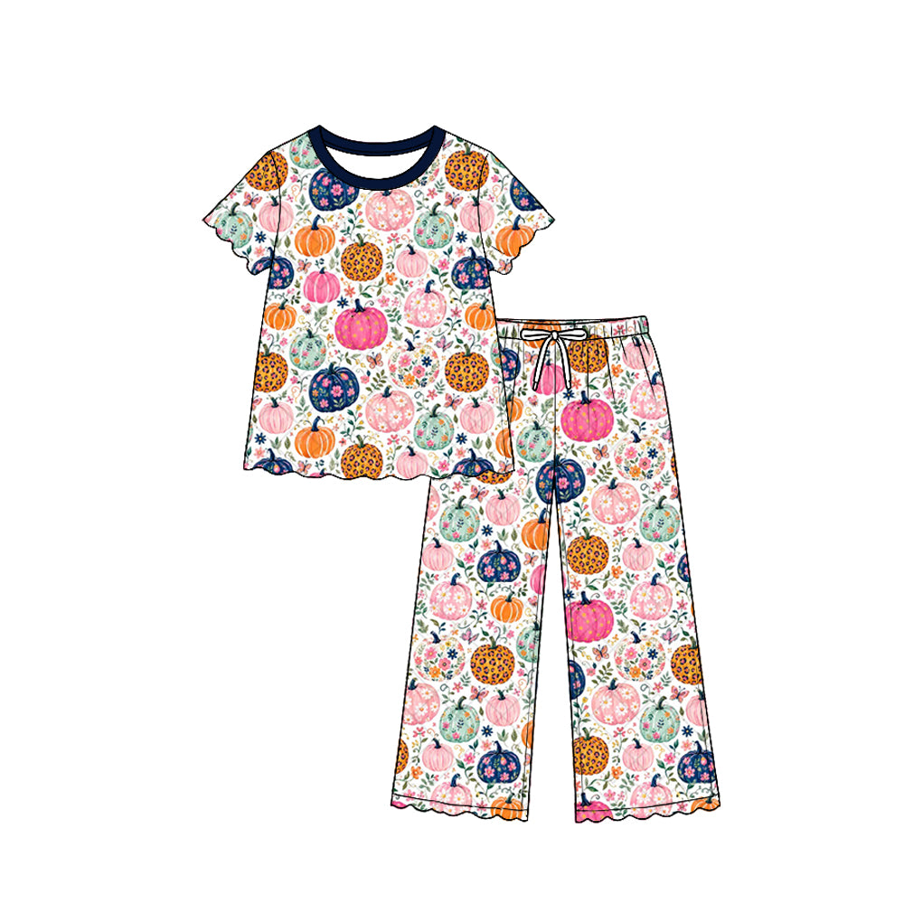 (Preorder new) No moq GSPO2363 Baby Girls Short Sleeve Colorful Flowers Pumpkins Print Top Pants Fall Scallop Trim Holiday Matching Outfit Clothes Set
