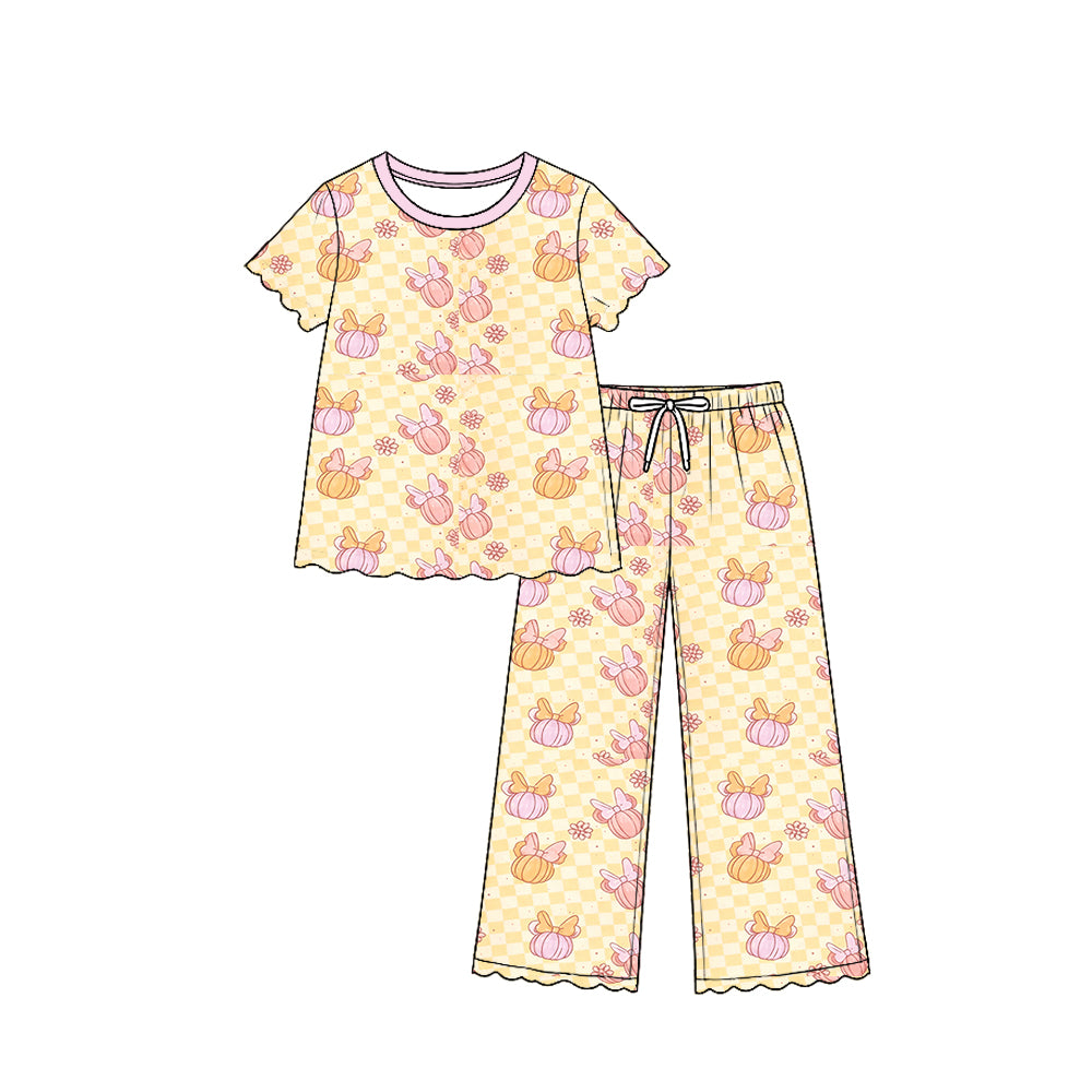 (Preorder new) No moq GSPO2365 Baby Girls Short Sleeve Colorful Flowers Pumpkins Print Top Pants Fall Scallop Trim Outfit Clothes Set