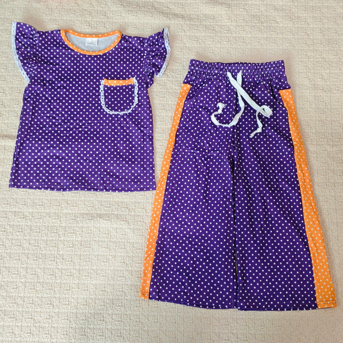 Sibling Baby Girls Flutter Sleeve Polka Dots Top with Pockets Flare Pants Clothes Set, Toddler Girl Casual Outfit