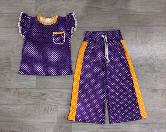 (Sample) No moq milk silk GSPO2366 Baby Girls Purple Polka Dots Pocket Top Flare Pant Clothes Set Spring Fall Casual Outfit