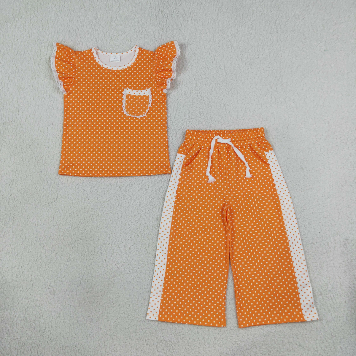 NEW RTS NO MOQ milk silk GSPO2367 Baby Girls Orange Polka Dots Pocket Top Flare Pant Clothes Set Spring Fall Casual Outfit