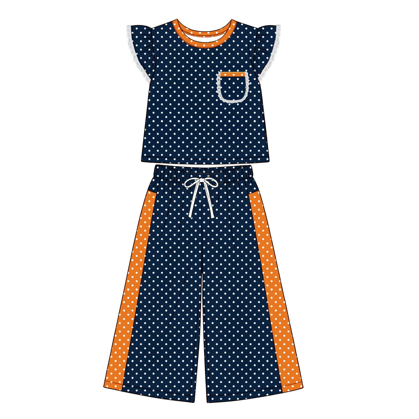 (Preorder new) No moq GSPO2368 Baby Girls Navy Blue Polka Dots Pocket Top Flare Pant Clothes Set Spring Fall Casual Outfit