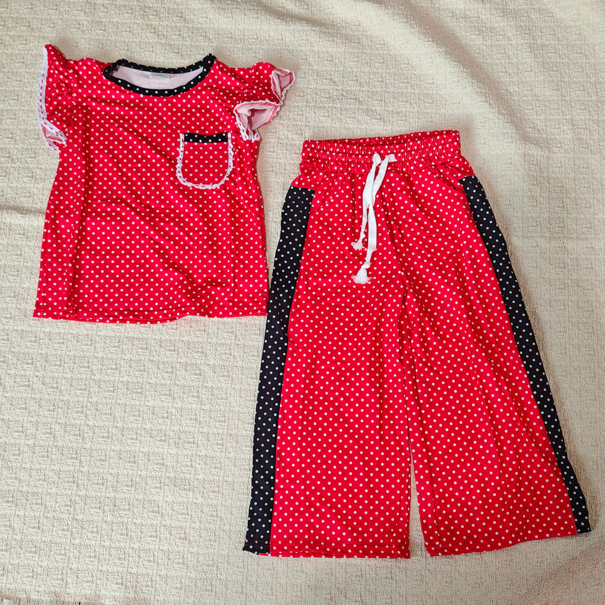 Sibling Baby Girls Flutter Sleeve Polka Dots Top with Pockets Flare Pants Clothes Set, Toddler Girl Casual Outfit