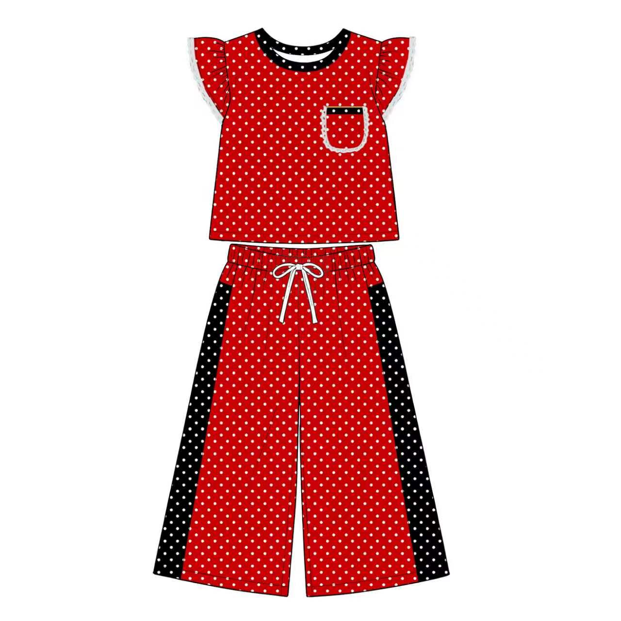 (Preorder new) No moq GSPO2370 Baby Girls Red Polka Dots Pocket Top Flare Pant Clothes Set Spring Fall Casual Outfit