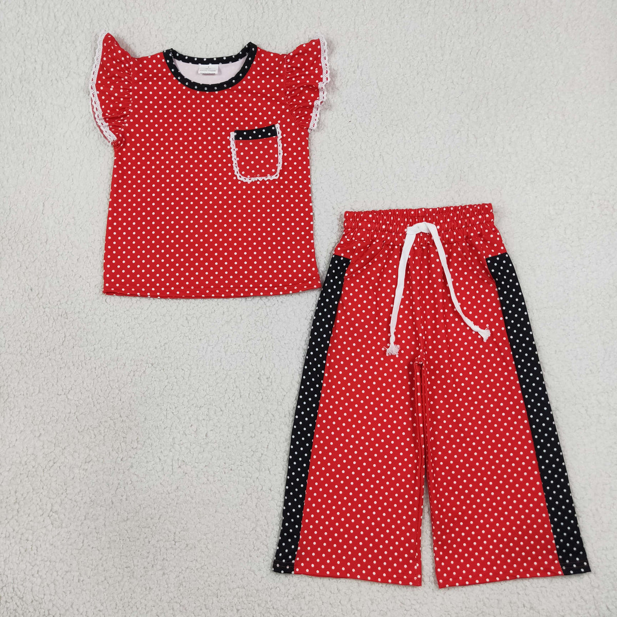 NEW RTS NO MOQ milk silk GSPO2370 Baby Girls Red Polka Dots Pocket Top Flare Pant Set Fall Casual Outfit