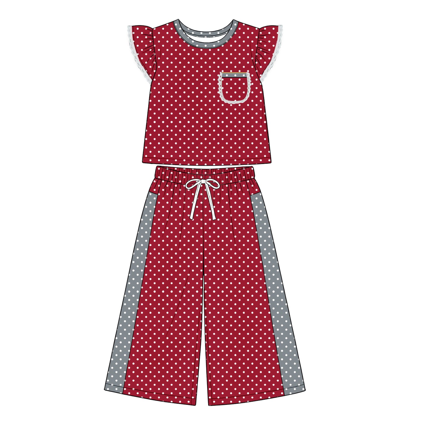 (Preorder new) No moq GSPO2371 Baby Girls Red Grey Polka Dots Pocket Top Flare Pant Clothes Set Spring Fall Casual Outfit