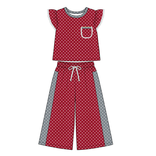 (Preorder new) No moq GSPO2371 Baby Girls Red Grey Polka Dots Pocket Top Flare Pant Clothes Set Spring Fall Casual Outfit