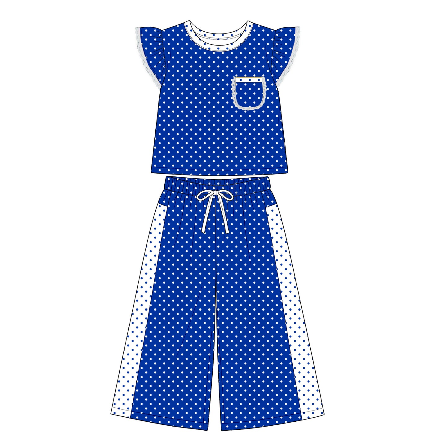(Preorder new) No moq GSPO2372 Baby Girls Blue Polka Dots Pocket Top Flare Pant Clothes Set Spring Fall Casual Outfit