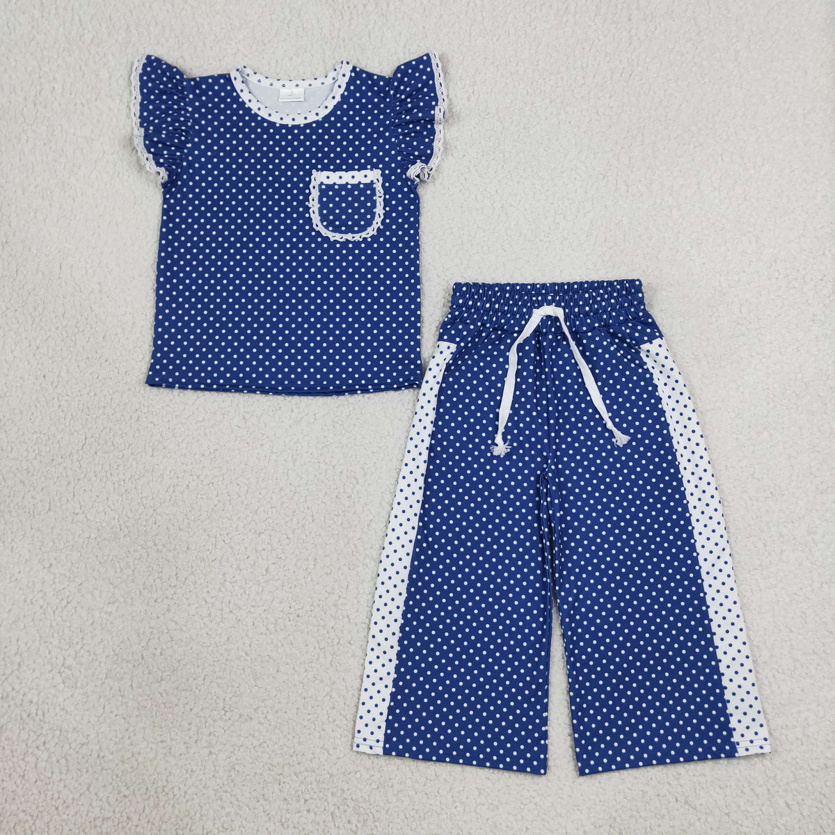 RTS NO MOQ Sibling milk silk Baby Girls Polka Dot Ruffle Sleeve Pocket Top Contrast Side Wide Leg PantsSet