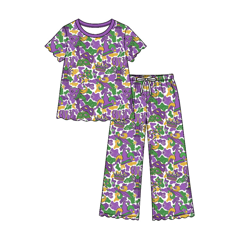 (Preorder new) No moq GSPO2374 Baby Girls Camo Print Short Sleeve Ruffle Top Scallop Hem Long Pant Set