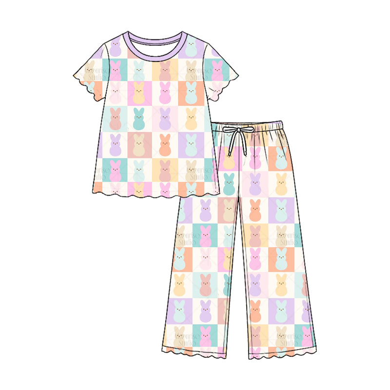 (Preorder new) No moq GSPO2375 Baby Kids Bunny Checkerboard Print Short Sleeve Ruffle Top Scallop Hem Long Pant Set