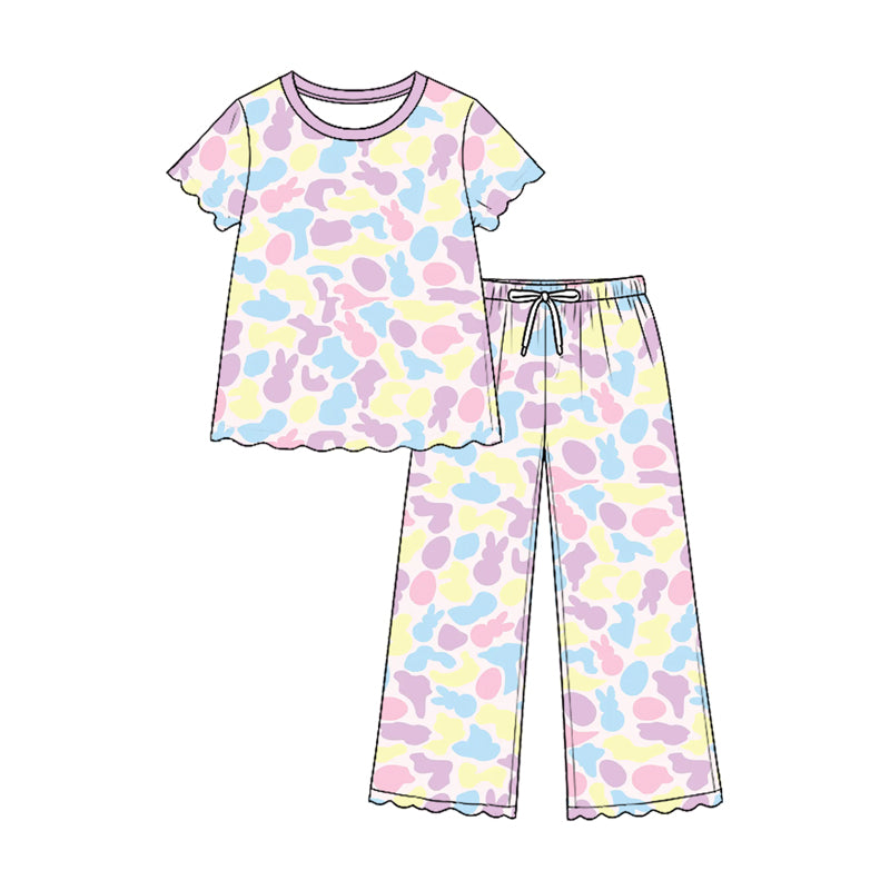(Preorder new) No moq GSPO2376 Baby Kids Bunny Camo Print Short Sleeve Ruffle Top Scallop Hem Long Pant Set