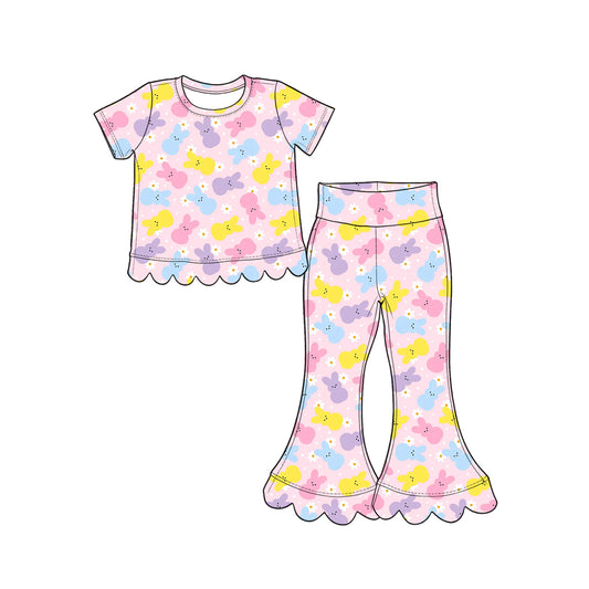 (Preorder new) No moq GSPO2377 Baby Girls Easter Pastel Bunny Daisy Print Short Sleeve Scallop Hem Top And Scallop Flare Bell Bottom Pants Set