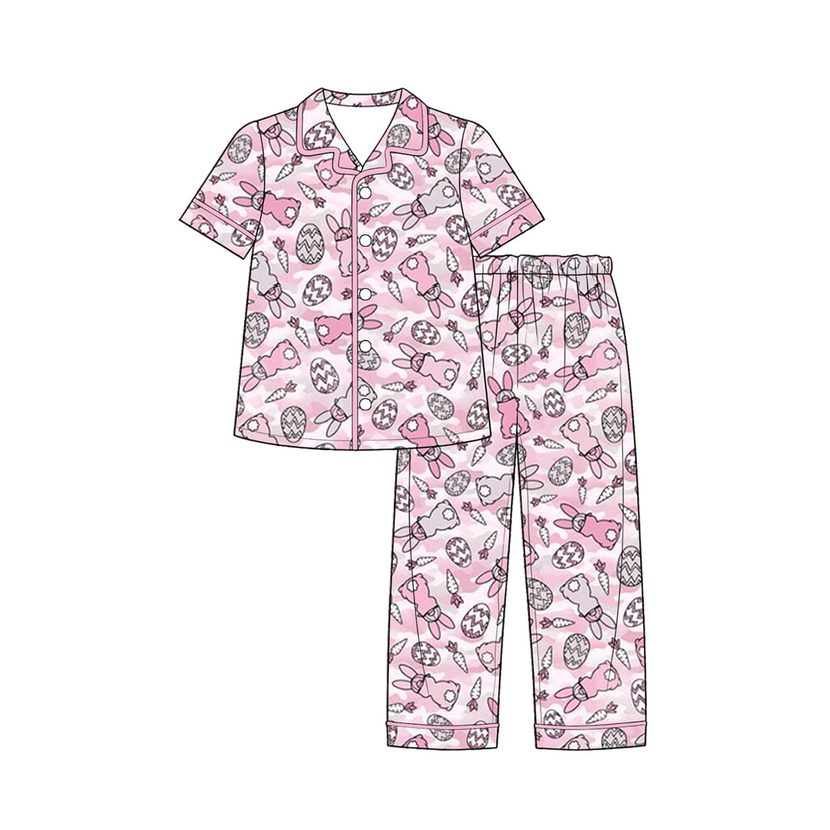 (Preorder new) No moq Baby Girls And Boys Easter Bunny Egg Camo Print Button Down Short Sleeve Top And Long Pants Pajama Set Rompers