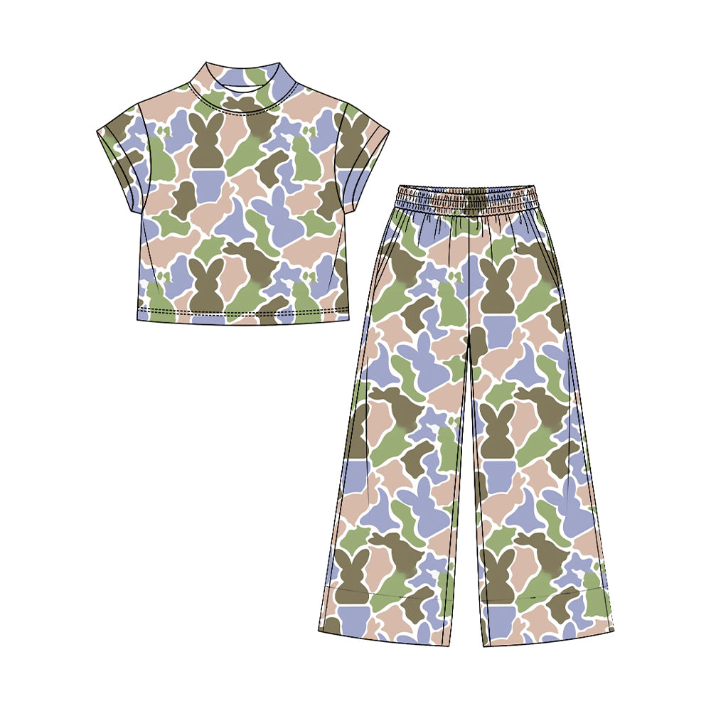 custom moq 5 mix size SETR05 Baby Girls Camo Easter Bunny Print Clothing Strap Flare Overalls Top And Elastic Waist Wide Leg Pants Spring Holiday Outfit Set