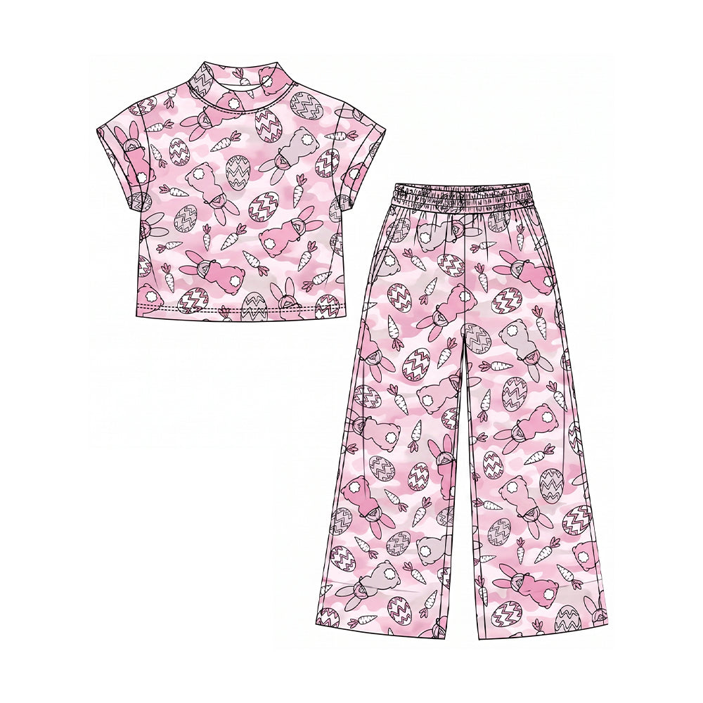 custom moq 5 mix size SETR05 Baby Girls Pink Camo Easter Bunny Egg Carrot Print Clothing Top And Wide Leg Pants Holiday Outfit Set Overalls