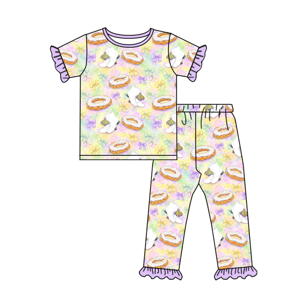 (Preorder new) No moq Baby Girls Cake Bow Print Ruffle Short Sleeve Pajama Set Two‑Way Zip Ruffle Romper Holiday Sleepwear Outfit