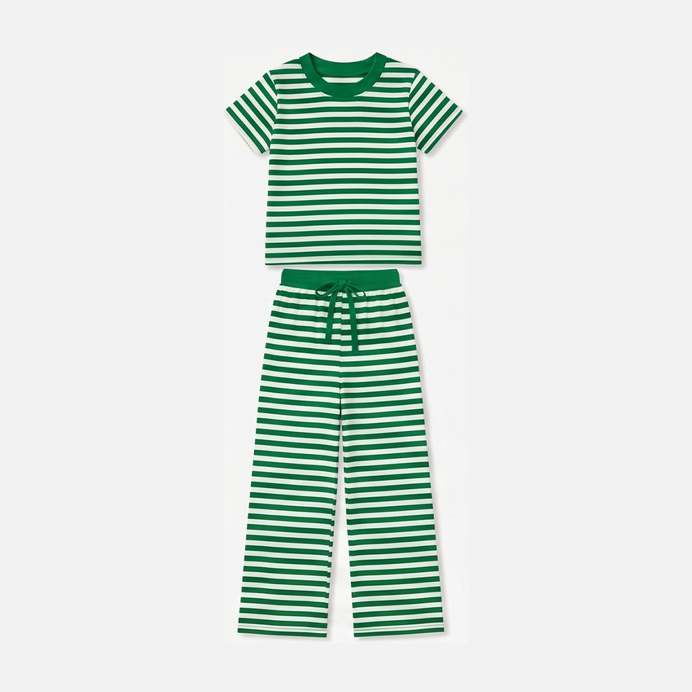 (Preorder new) No moq Baby Baby Girls Short Sleeve Stripe Top Straight Pant Pajamas Set Casual Sleep Outfit
