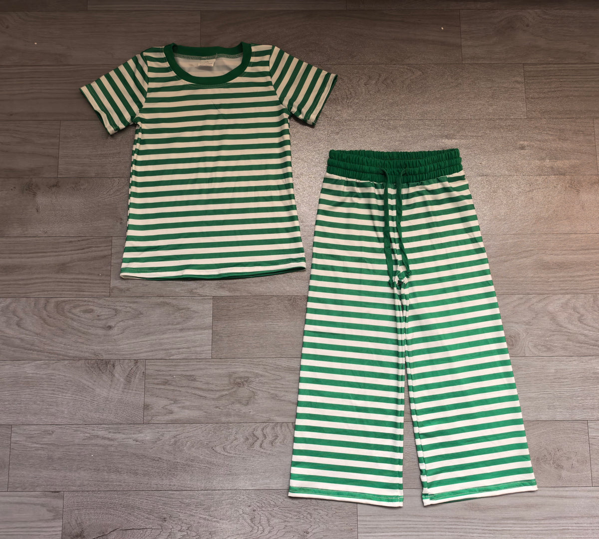 (Sample) No moq milk silk GSPO2383 Baby Girls Short Sleeve Green Stripe Top Straight Pant Pajamas Clothes Set Night Sleep Wear