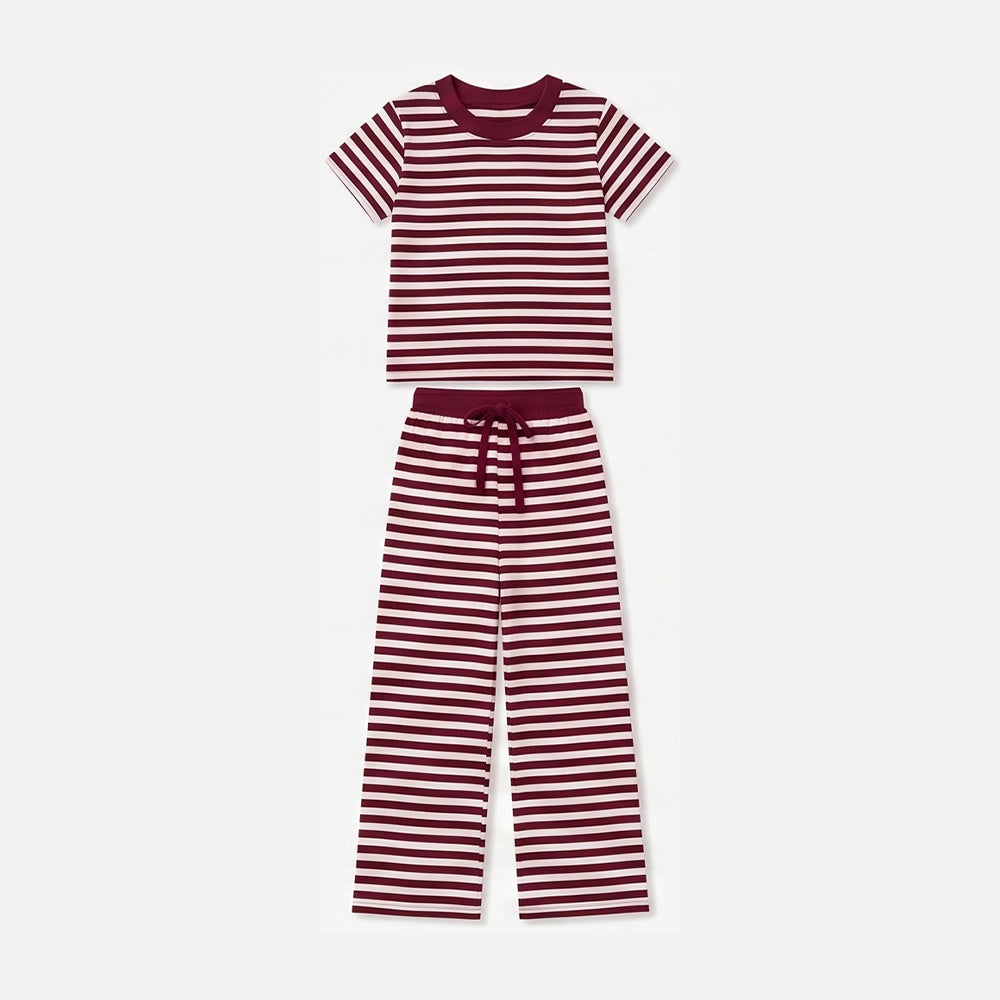 (Preorder new) No moq Baby Baby Girls Short Sleeve Stripe Top Straight Pant Pajamas Set Casual Sleep Outfit