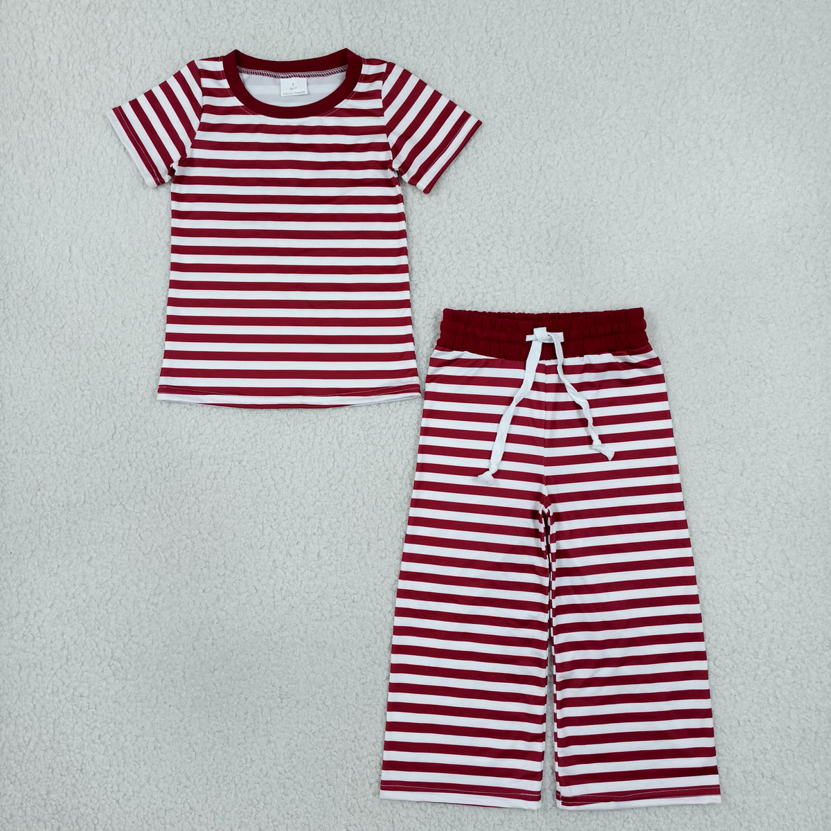 NEW RTS NO MOQ milk silk GSPO2384 Baby Girls Short Sleeve Maroon Stripe Top Straight Pant Pajamas Set Sleep Wear