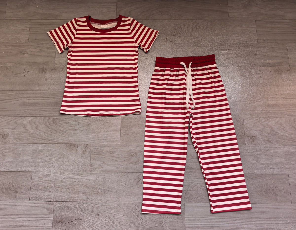 (Sample) No moq milk silk GSPO2384 Baby Girls Short Sleeve Maroon Stripe Top Straight Pant Pajamas Clothes Set Night Sleep Wear
