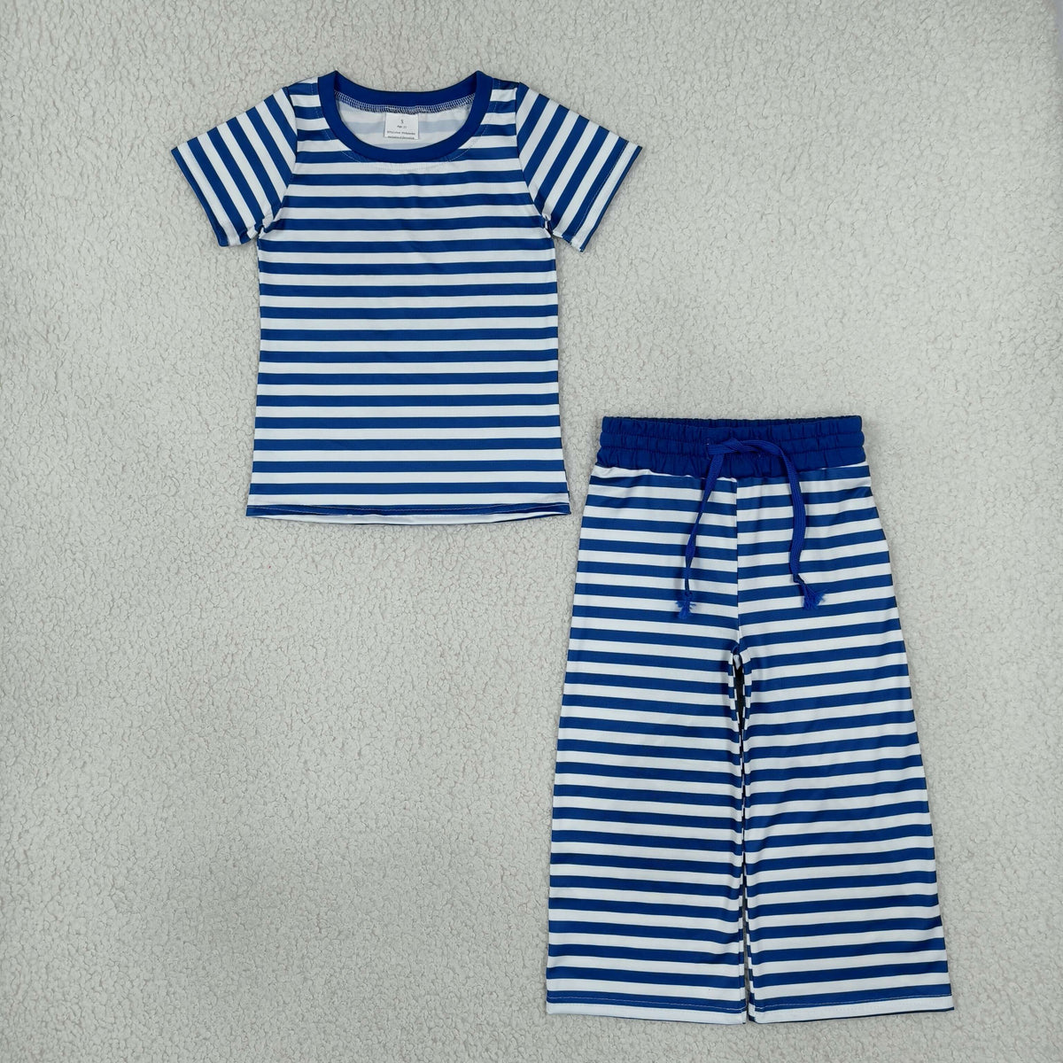 RTS NO MOQ Sibling milk silk Baby Girls Striped Short Sleeve Top And Drawstring Wide Leg Pants Casual Clothes Set