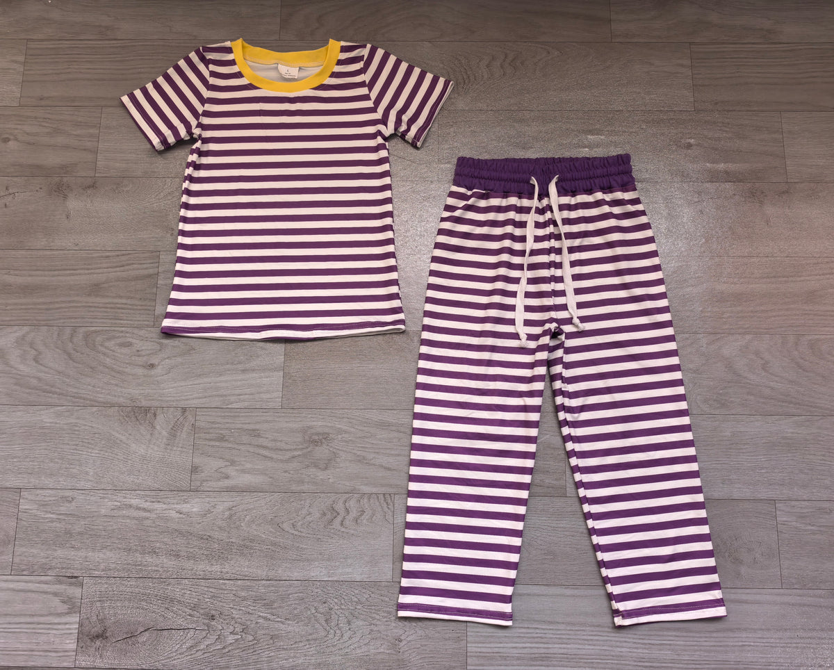 (Sample) No moq milk silk GSPO2386 Baby Girls Short Sleeve Purple Stripe Top Straight Pant Pajamas Clothes Set Night Sleep Wear