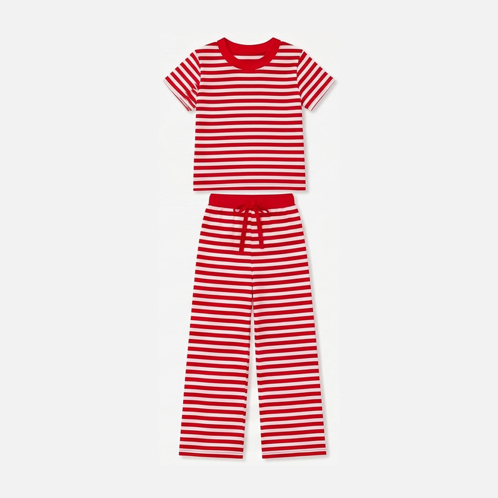(Preorder new) No moq Baby Baby Girls Short Sleeve Stripe Top Straight Pant Pajamas Set Casual Sleep Outfit