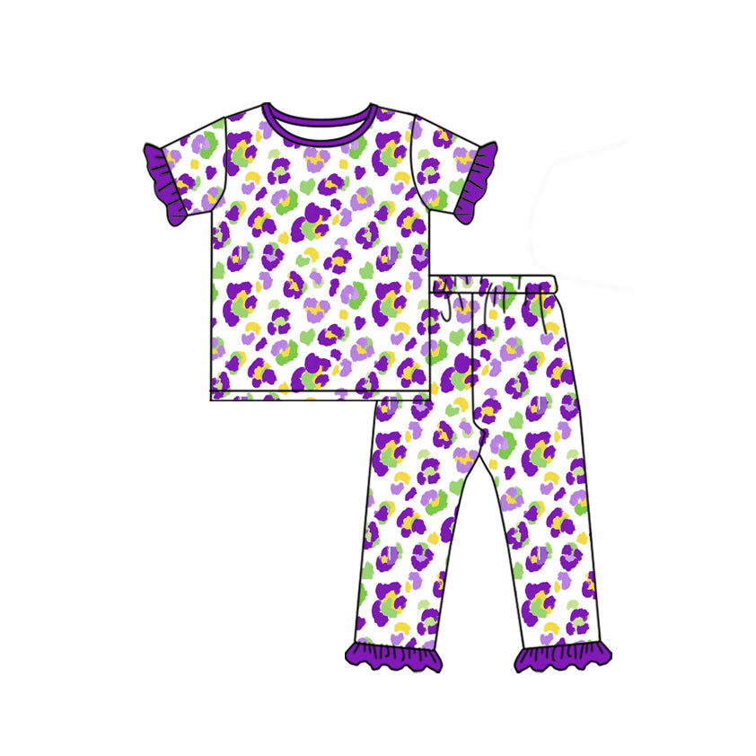 (Preorder new) No moq Baby Girls Leopard Print Ruffle Pajama Set Baby Two‑Way Zip Romper And Short Sleeve Ruffle Dress Purple Green Gold Festival Matching Sleepwear