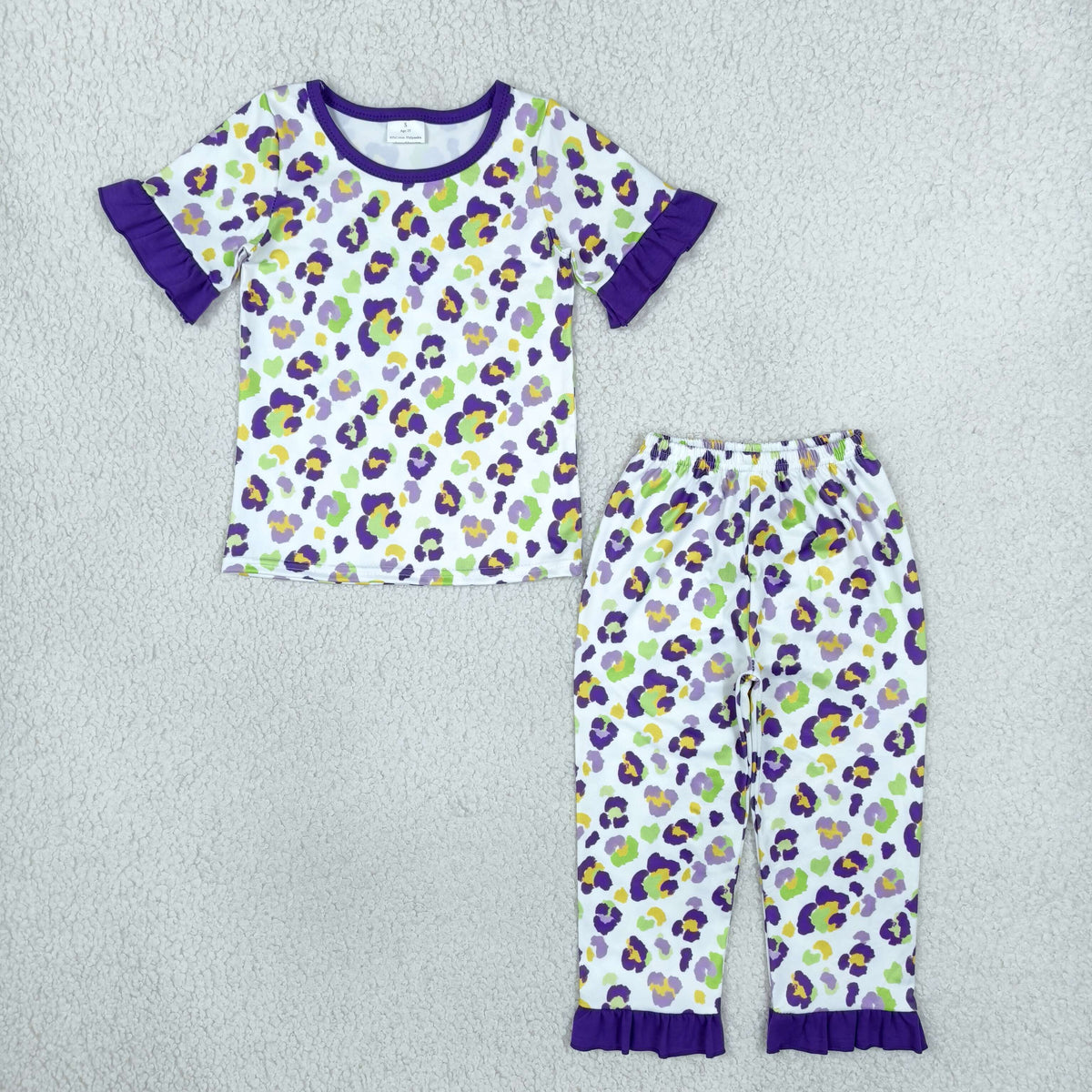 NEW RTS NO MOQ milk silk GSPO2388 Baby Girls Purple Leopard Print Short Sleeve Top Ruffle Hem Pant Pajamas Set