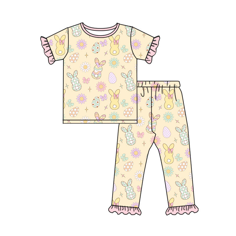 (Preorder new) No moq Baby Girls Easter Bunny Print Long Sleeve Sweatshirt And Side Bow Wide Leg Pants Spring Clothes Set Dress Rompers