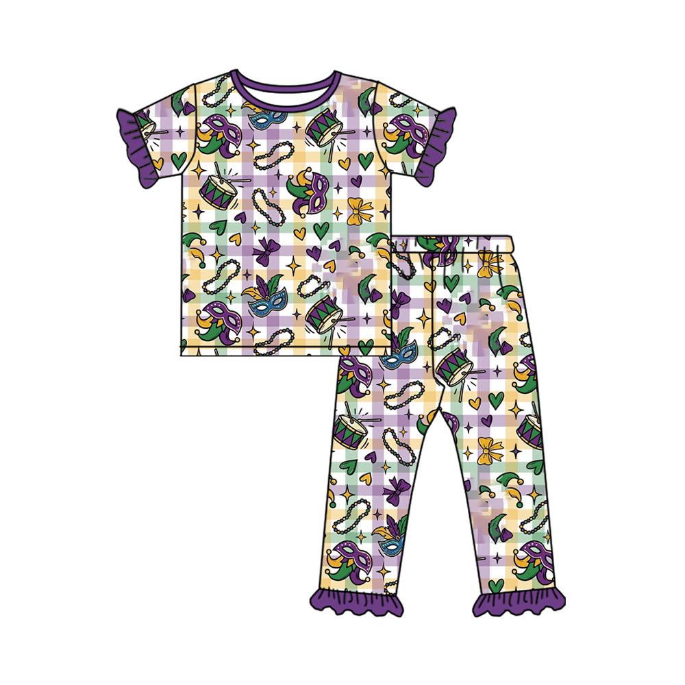 (Preorder new) No moq Baby Girls Short Sleeve Ruffle Short Sleeve Romper And Girls Ruffle Top Pants Pajamas Set