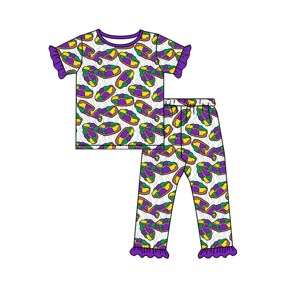 (Preorder new) No moq Baby Girls Print Ruffle Short Sleeve Romper And Girls Ruffle Top Pants Pajamas Set