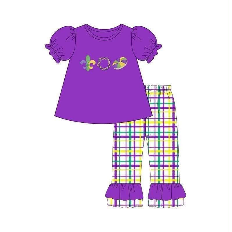 (Preorder new) No moq Toddler Girls And Boys Short Sleeve Purple Top And Plaid Ruffle Pant Set
