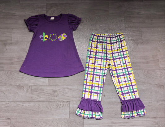(Sample) No moq milk silk GSPO2395 Embroidery Baby Girls Purple Top Checked Ruffle Pant Sets
