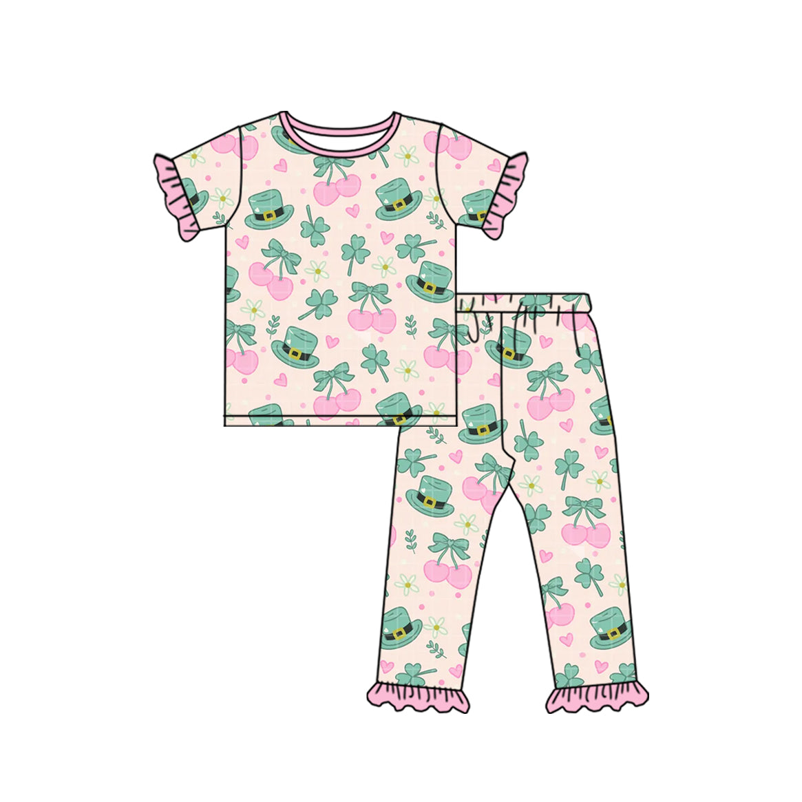 (Preorder new) No moq Baby Girls Pink Print Ruffle Short Sleeve Pajama Set Zipper Short Sleeve Romper
