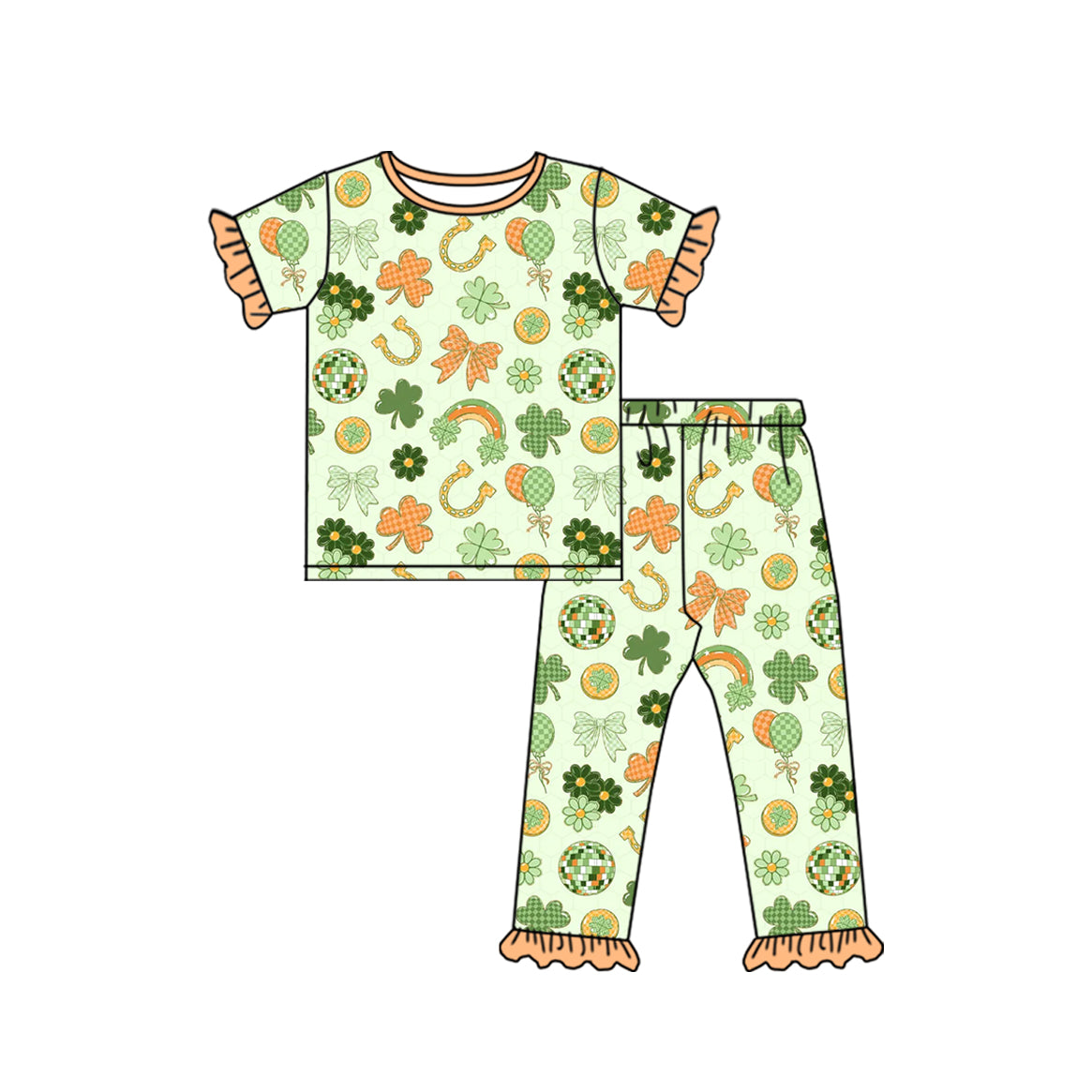 (Preorder new) No moq Baby Girls Green Print Ruffle Short Sleeve Pajama Set Zipper Short Sleeve Romper