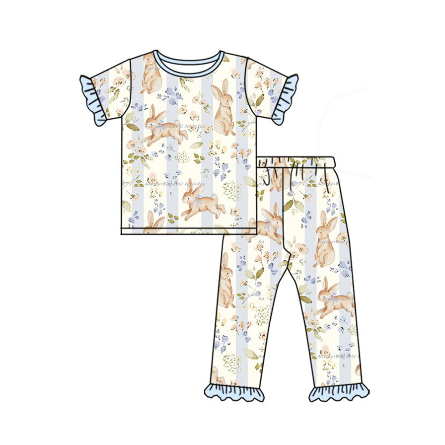 (Preorder new) No moq Baby Girls Easter Bunny Floral Print Tee And Bunny Floral Bell Bottom Pant Set Zipper Romper Ruffle Dress Outfit