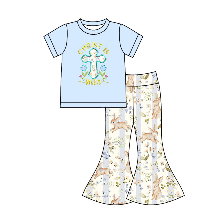 (Preorder new) No moq Baby Girls Easter Bunny Floral Print Tee And Bunny Floral Bell Bottom Pant Set Zipper Romper Ruffle Dress Outfit