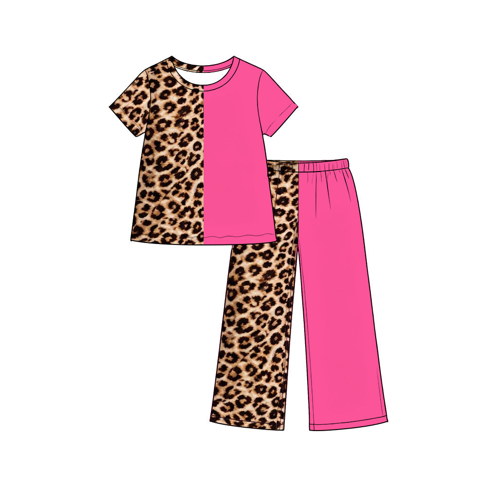 (Preorder new) No moq Baby Girls Half Print Solid Color Short Sleeve Top And Wide Leg Pant Set