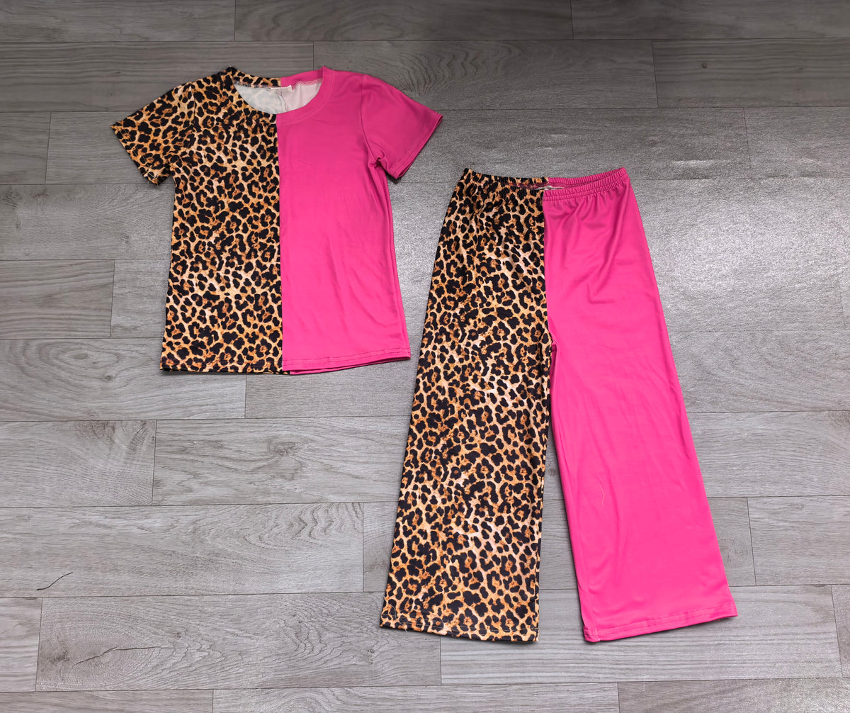 (Sample) No moq milk silk GSPO2402 Baby Girls Hot Pink Leopard Color Block Split Short Sleeve Top Flare Pant Clothes Set