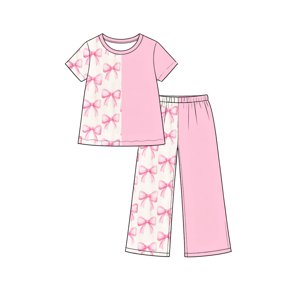 (Preorder new) No moq Baby Girls Half Print Solid Color Short Sleeve Top And Wide Leg Pant Set