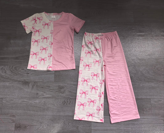 (Sample) No moq milk silk GSPO2403 Baby Girls Short Sleeve Pink Shirt Top Pants Two Piece Outfits Sets