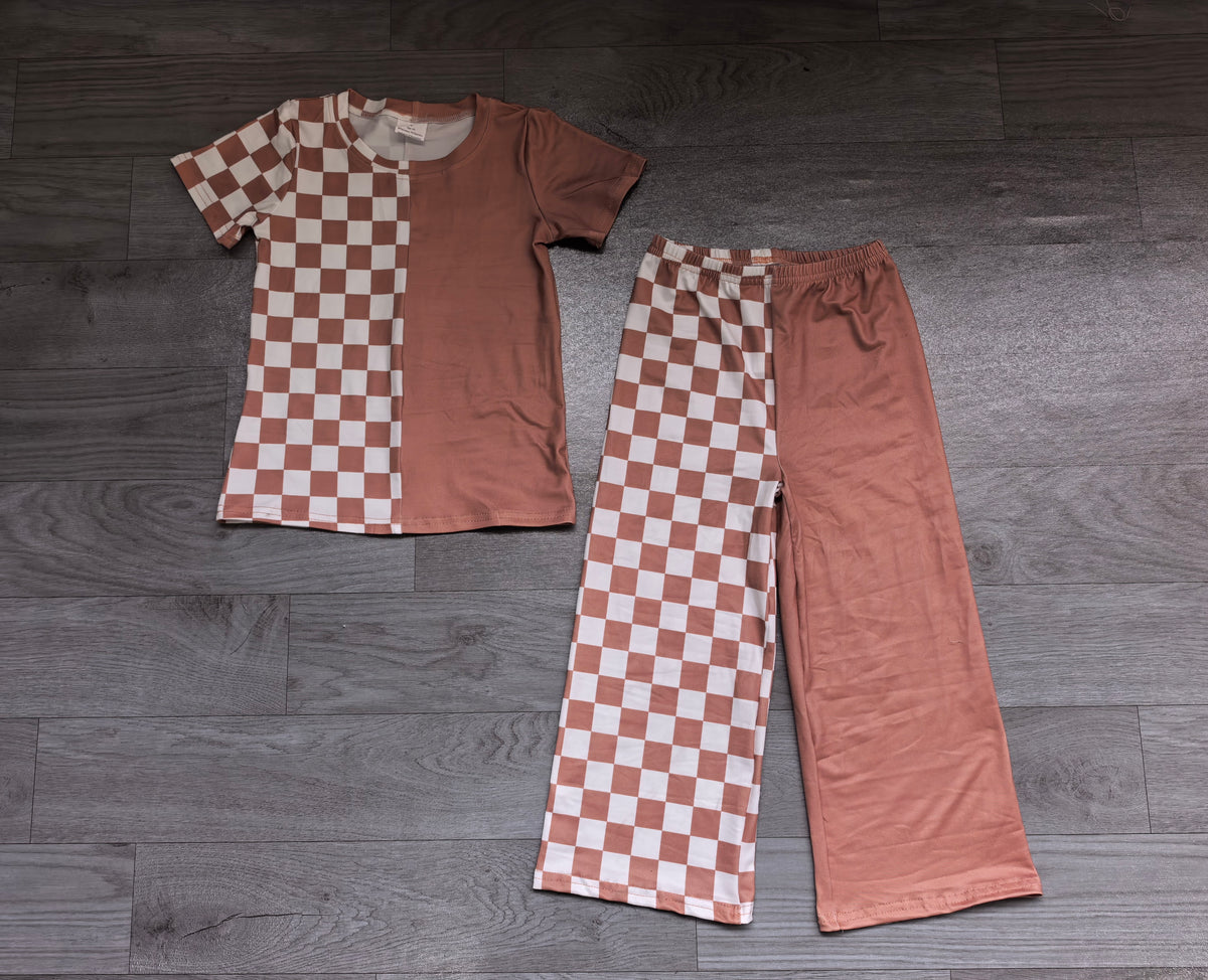 (Sample) No moq milk silk GSPO2404 Baby Girls Brown Checkered Short Sleeve Shirt Pants Daily Wear Outfits Sets