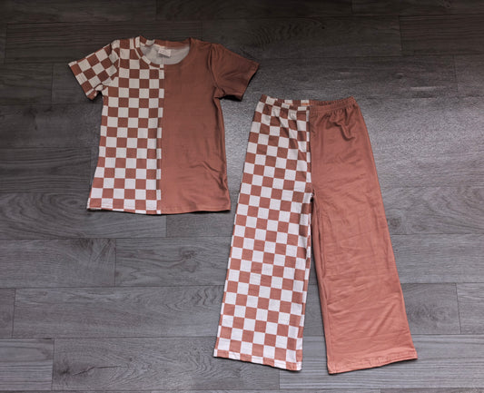 (Sample) No moq milk silk GSPO2404 Baby Girls Brown Checkered Short Sleeve Shirt Pants Daily Wear Outfits Sets