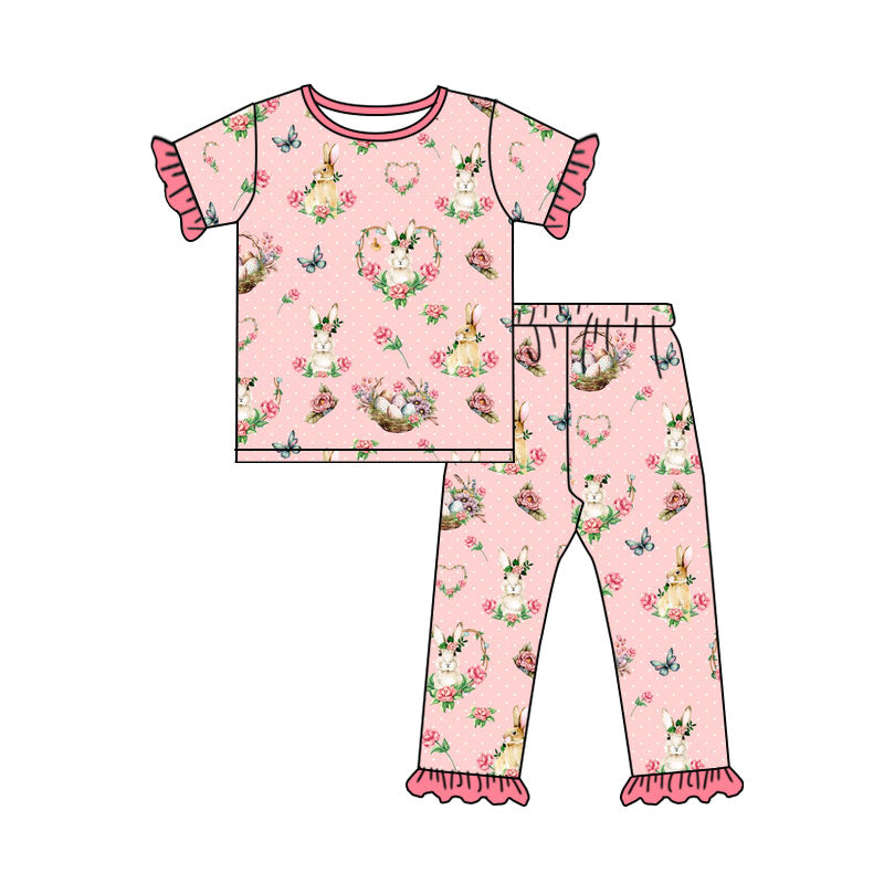 (Preorder new) No moq Baby Girls Pink Easter Bunny Floral Print Long Sleeve Short Set Pajama Set Ruffle Dress And Zipper Romper