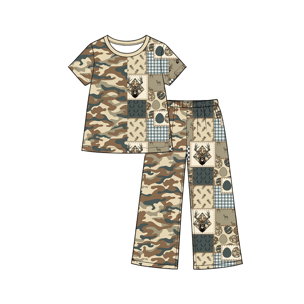 (Preorder new) No moq Baby Girls Easter Deer Patchwork Camo Dress Romper And Pant Sets Matching Clothing