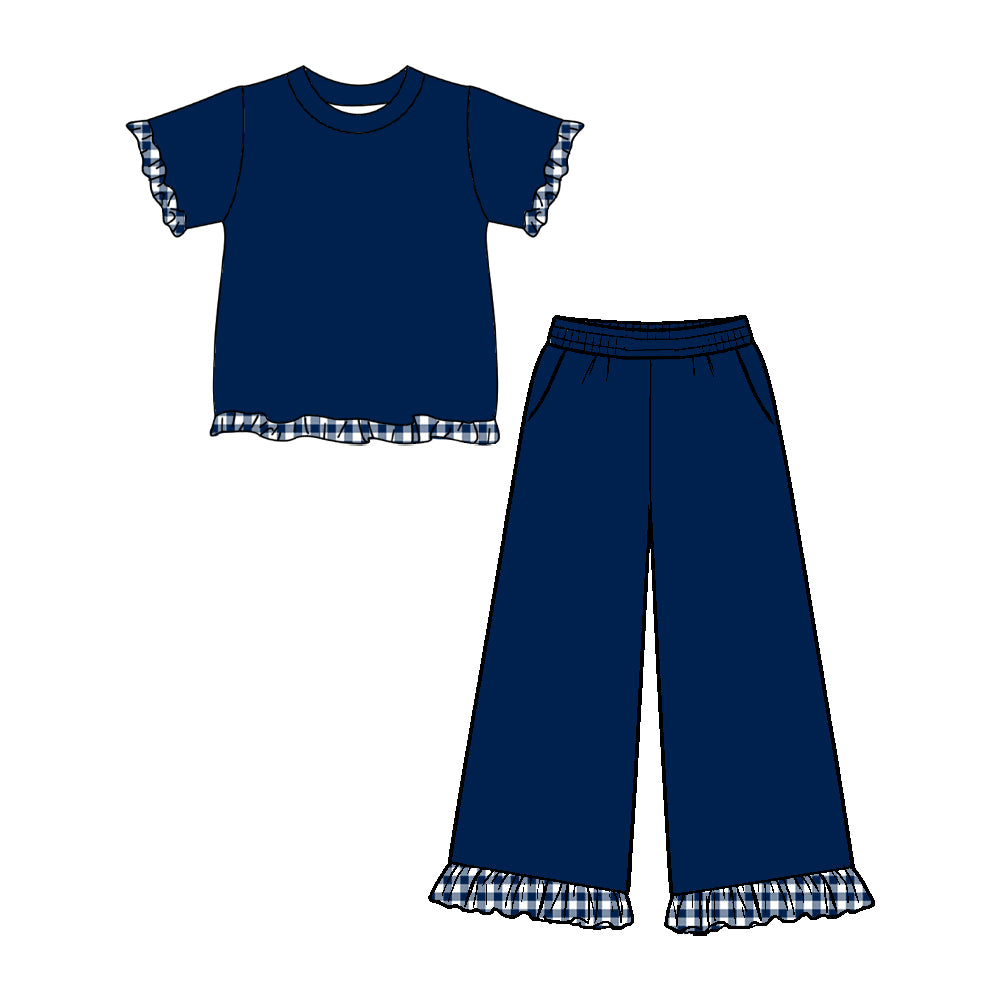 (Preorder new) No moq GSPO2409 Baby Girls Solid Navy Blue Short Sleeve Ruffle Top And Wide Leg Pants With Gingham Ruffle Hem Two Piece Set